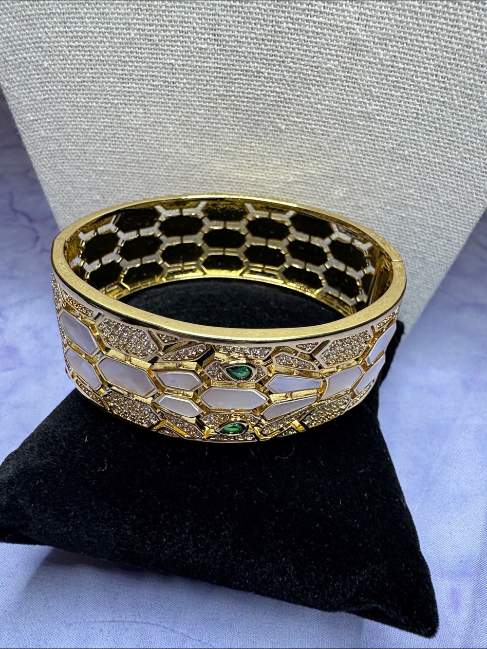 Gold-Tone Snake Cuff Bracelet with White Inlay and Green Stone Eyes - Picture 3 of 8